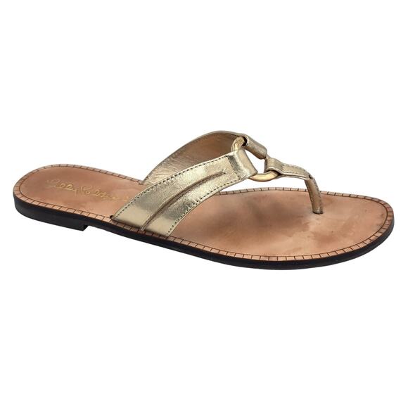 Lilly Pulitzer Thong Flat Sandals Gold Metallic Leather Flip Flops Women's 6.5M - Picture 1 of 9